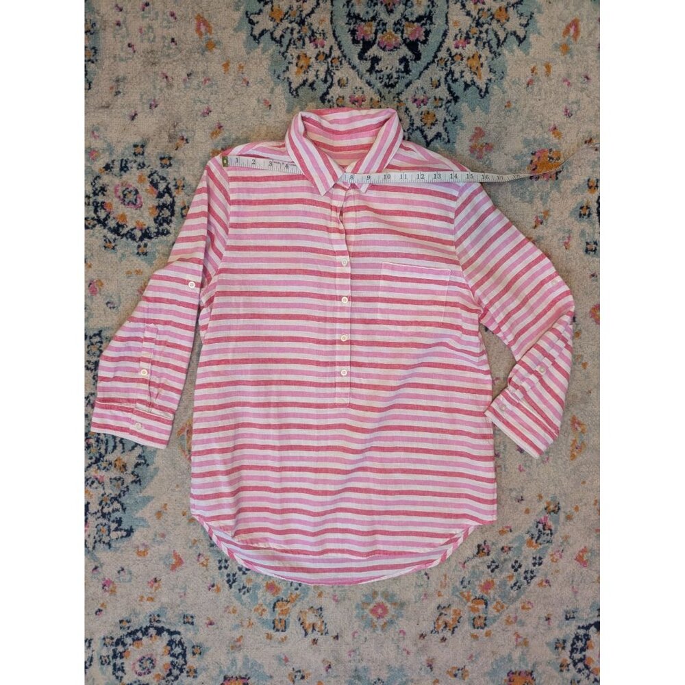 Gap Pink and White Striped Linen Cotton Blend Popover Top w/ Roll Tab Sleeves: S - Picture 6 of 11